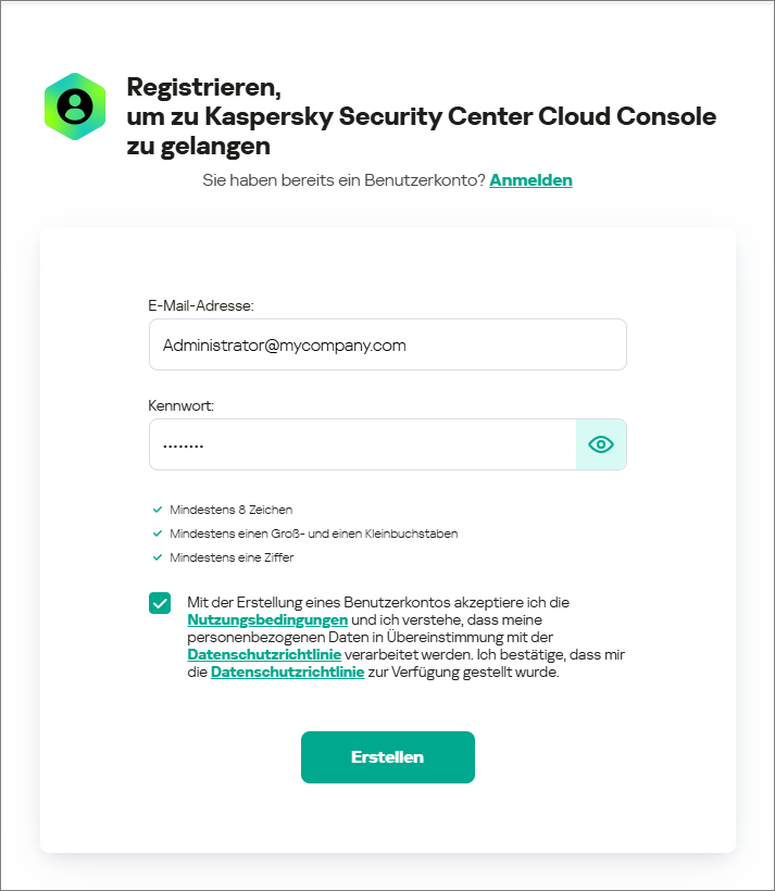 Registrieren Sie sich, die Kaspersky Security Center Cloud Console zu öffnen.