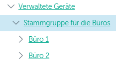 Ein Knoten mit verwalteten Geräten enthält den Ordner "Büro-Stammgruppe", welcher die Administrationsserver und die Gruppen "Büro 1" und "Büro 2" enthält.