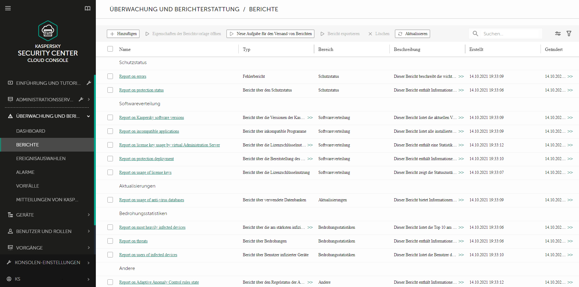 Der Berichts-Abschnitt enthält eine Liste von Berichten. Sie können die Liste der Berichte verwalten und jeden Bericht konfigurieren.