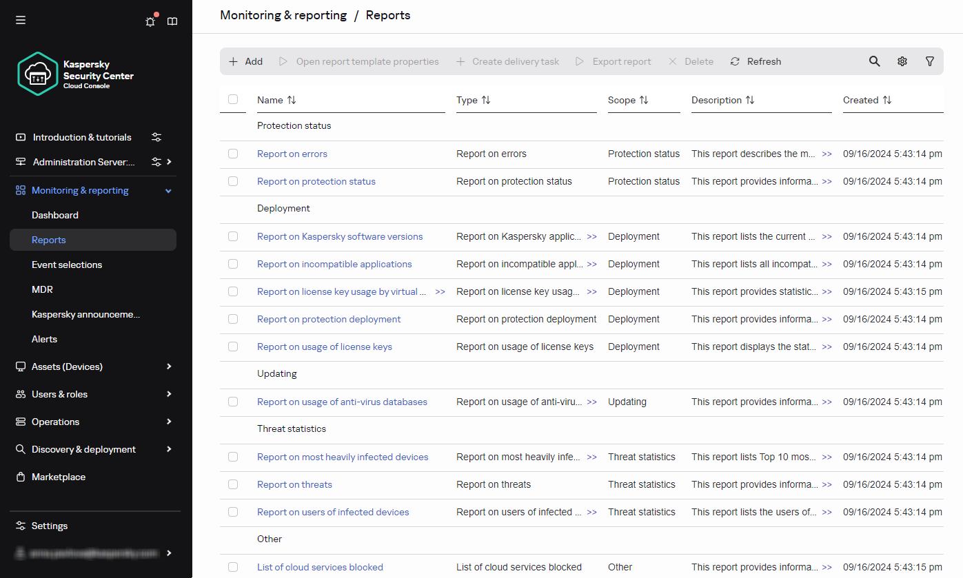 The Reports section contains a list of reports. You can manage the report list and configure each report.