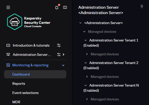 The created virtual Administration Servers are nested in the Managed devices node.