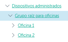 Un nodo de Dispositivos administrados incluye la carpeta Grupo raíz de oficinas, que contiene los Servidores de administración y los grupos Oficina 1 y Oficina 2.