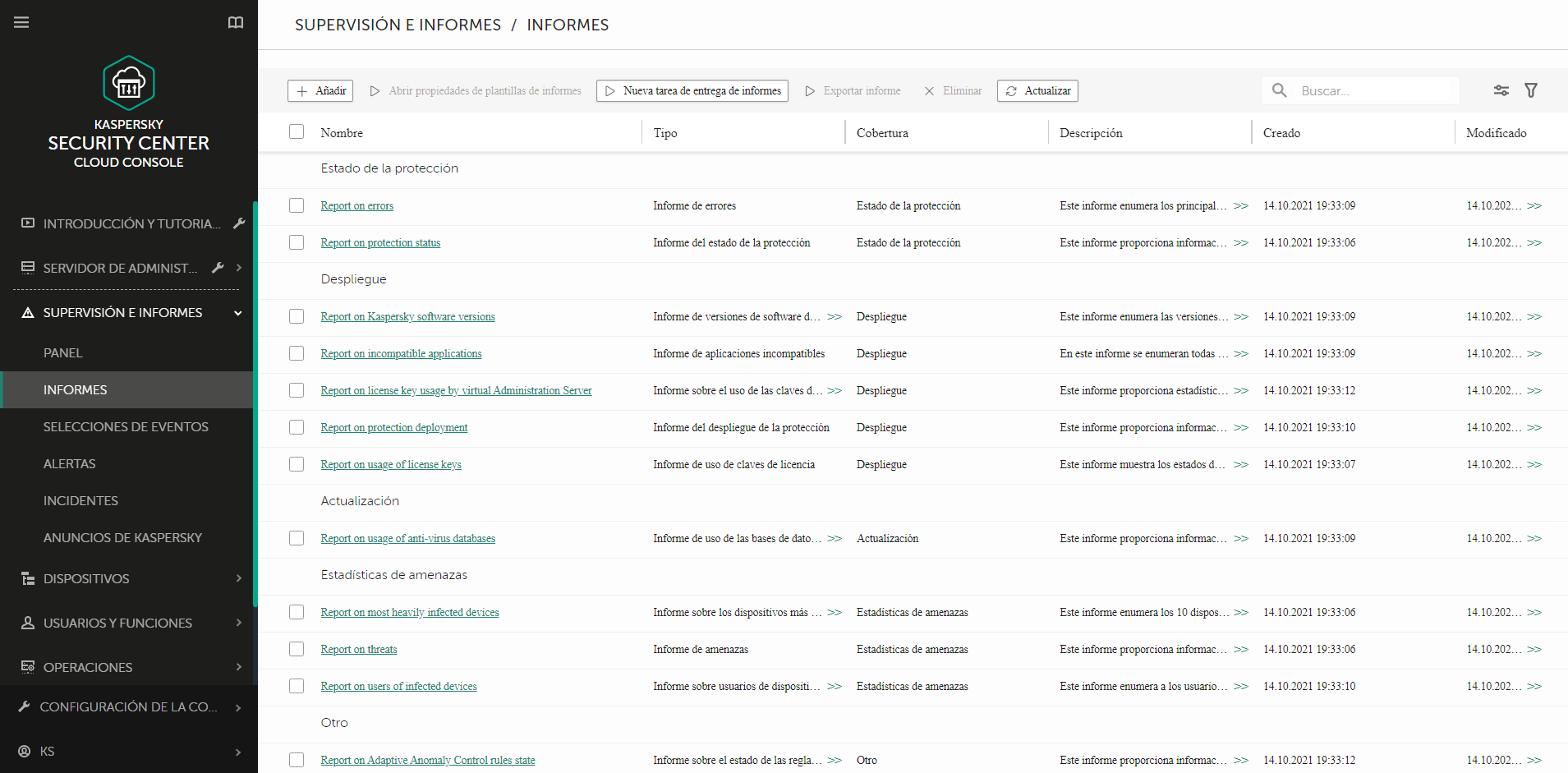 La sección Informes contiene una lista de informes. Puede administrar la lista de informes y configurar cada informe.