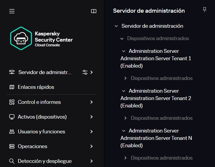Los Servidores de administración virtuales creados están anidados en el nodo Dispositivos administrados.