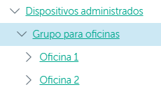 Un nodo llamado "Dispositivos administrados" contiene la carpeta "Grupo para oficinas"; esta carpeta contiene servidores de administración y los grupos "Oficina 1" y "Oficina 2".