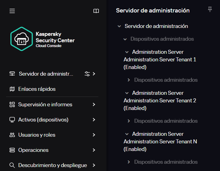 Los servidores de administración virtuales creados están anidados en el nodo "Dispositivos administrados”.