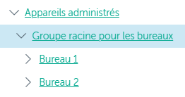 Un nœud Appareils administrés comprend le dossier Groupe racine des bureaux qui contient les Serveurs d'administration et les groupes Bureau 1 et Bureau 2.