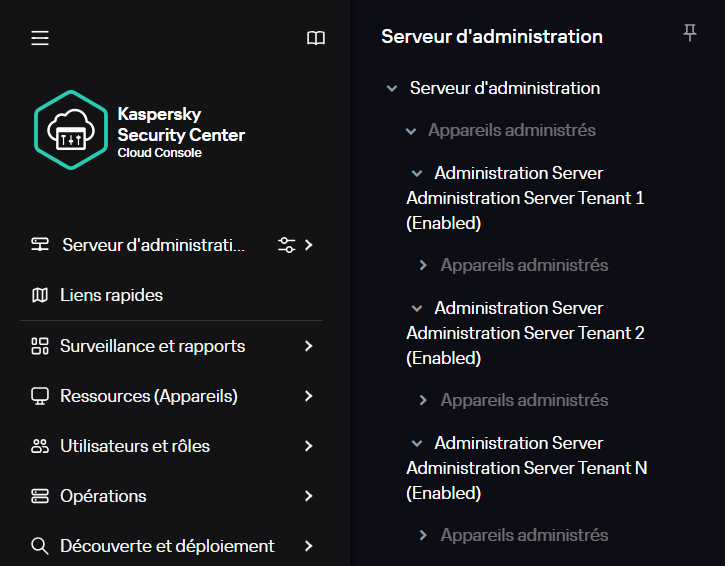 Les Serveurs d'administration virtuels créés sont imbriqués dans l'entrée Appareils administrés.