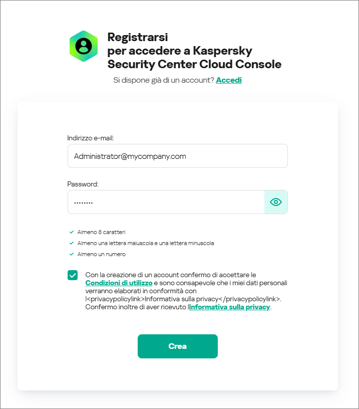 Registrarsi per accedere alla finestra di Kaspersky Security Center Cloud Console.
