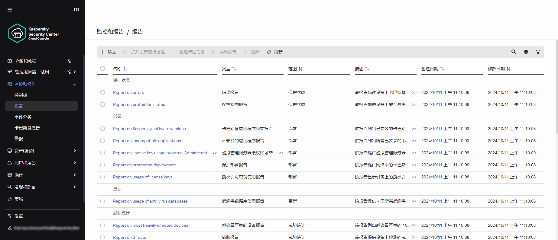 ［レポート］セクションには、レポートのリストが含まれています。レポートリストを管理し、各レポートを構成できます。