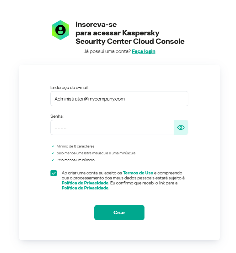 Janela Inscreva-se para entrar no Kaspersky Security Center Cloud Console.