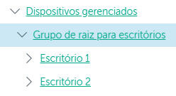 Um nó de dispositivos gerenciados inclui o grupo raiz para as pastas de escritórios que contenham os Servidores de administração e os grupos Escritório 1 e Escritório 2.