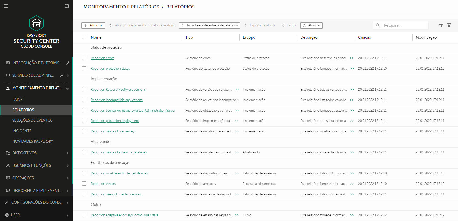 A seção Relatórios contém uma lista de relatórios. Você pode gerenciar a lista de relatórios e configurar cada relatório.
