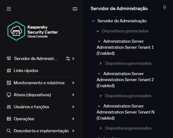 Os Servidores de Administração virtuais criados são aninhados no nó Dispositivos gerenciados.