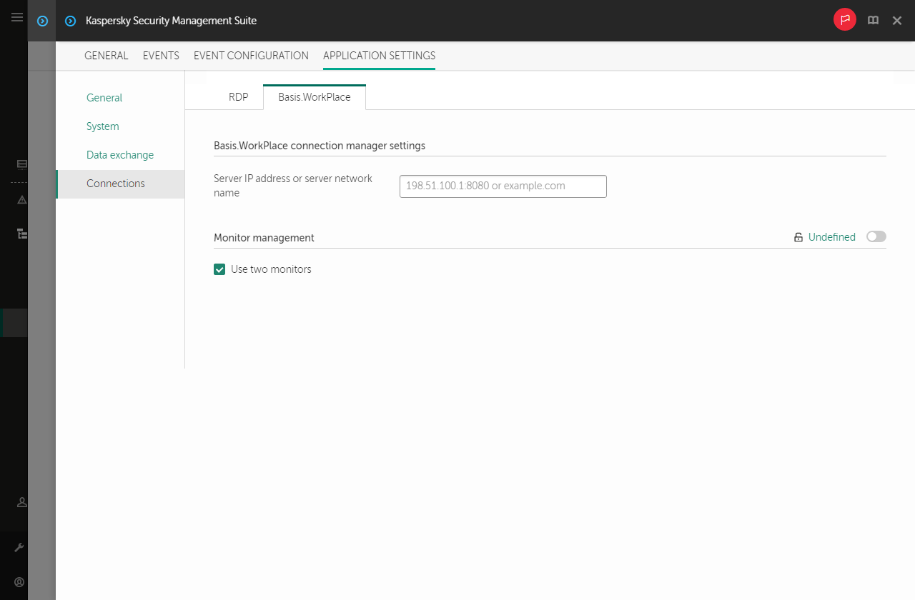 Screenshot of configuring settings for connecting to a remote desktop managed by Basis.WorkPlace for one device.