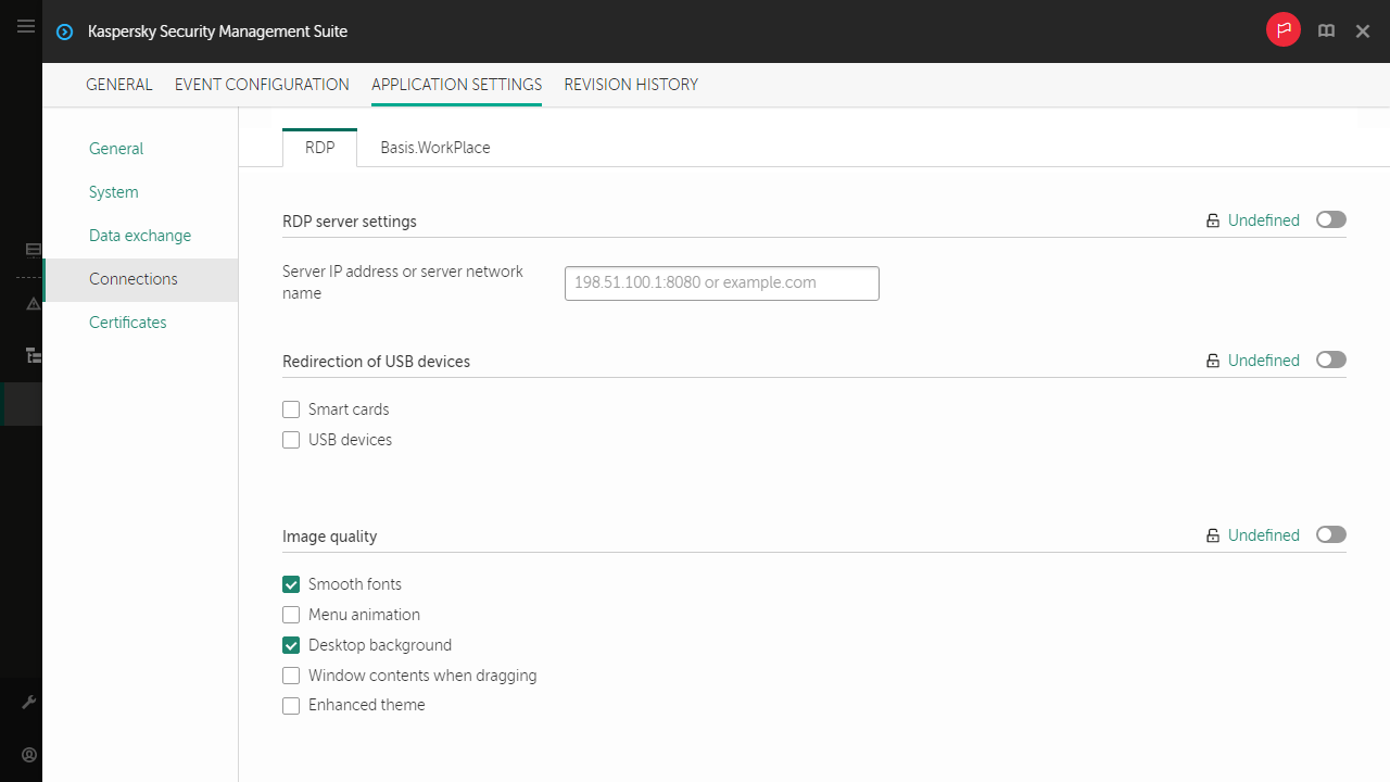 Screenshot of configuring settings for connecting to a remote desktop via RDP for a group of devices.