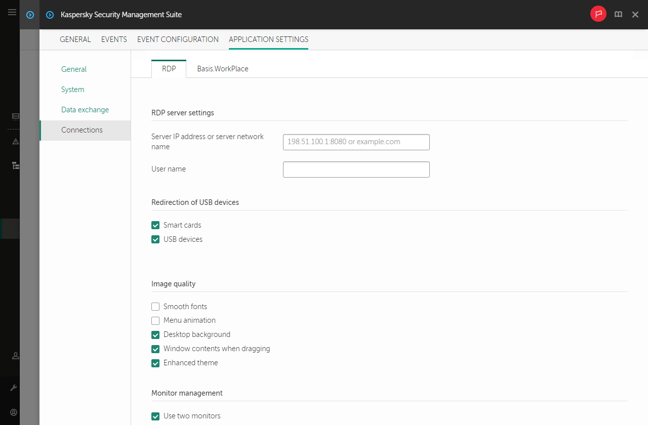 Screenshot of configuring settings for connecting to a remote desktop via RDP for one device.
