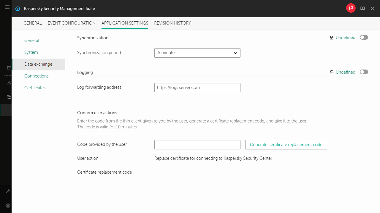 Screenshot of confirming changes to the certificate for connecting to Kaspersky Security Center.