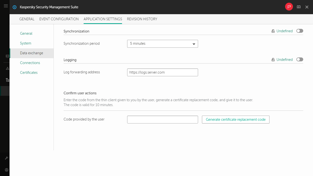 Screenshot of configuring event logs forwarding and synchronization of a thin client with Kaspersky Security Center for a group of devices.