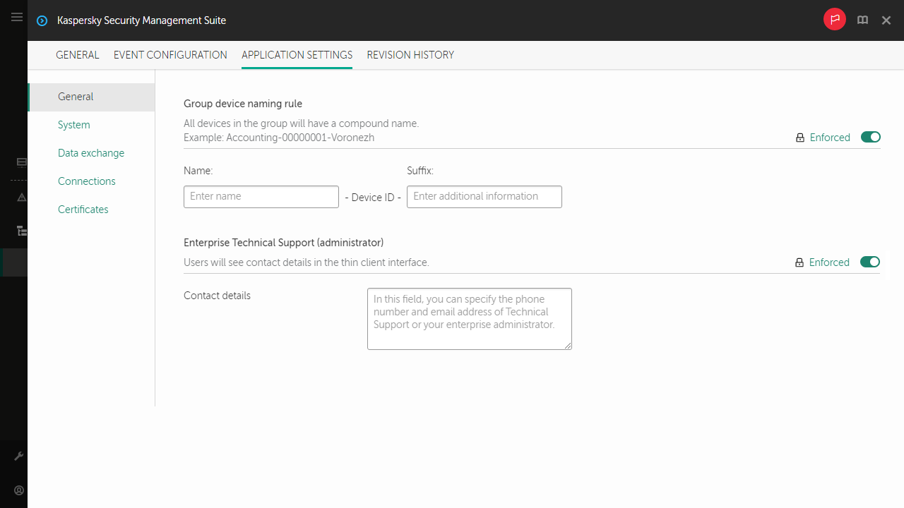 Screenshot of configuring general settings for a group of devices.