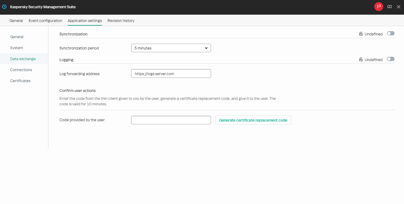 Screenshot of configuring event logs forwarding and synchronization of a thin client with Kaspersky Security Center for a group of devices.