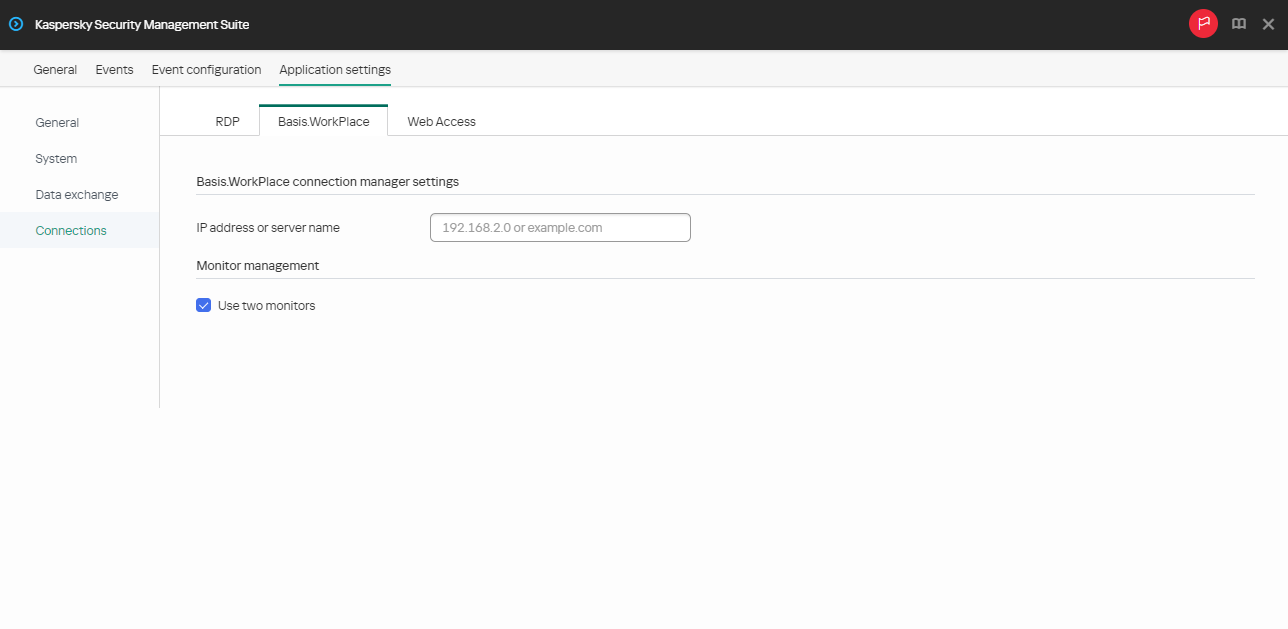 Screenshot of configuring settings for connecting to a remote desktop managed by Basis.WorkPlace for one device.