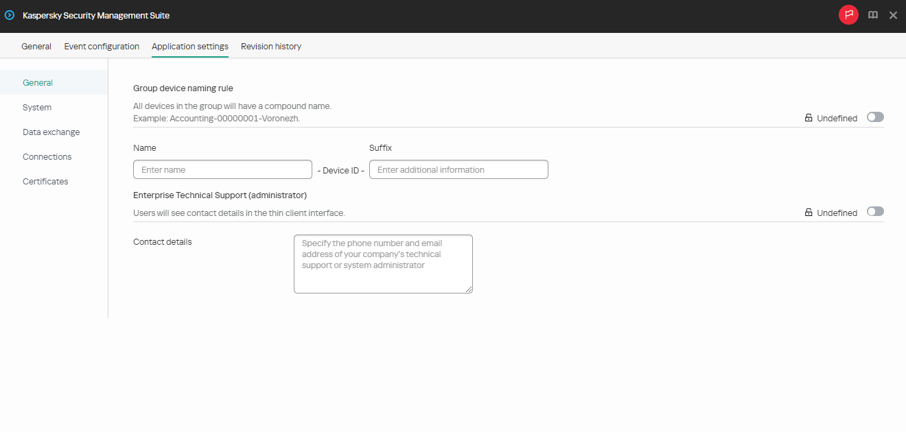 Window for configuring the main settings for a group of devices via the Web Console.