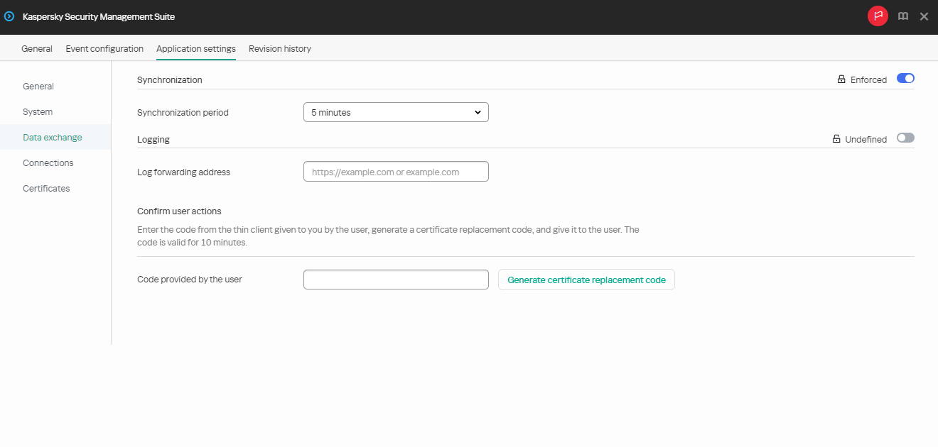 Screenshot of the window for configuring synchronization between Kaspersky Thin Client and Kaspersky Security Center