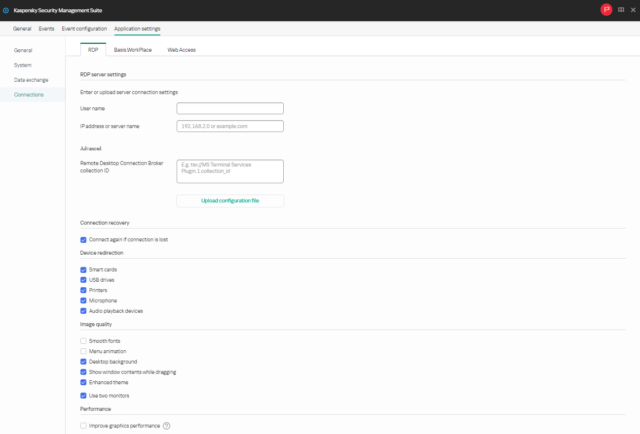 Window for configuring settings for connecting to a remote desktop via RDP through the Web Console for one device.