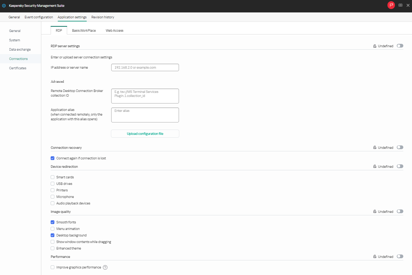 Window for configuring settings for connecting to a remote desktop via RDP through the Web Console for a group of devices