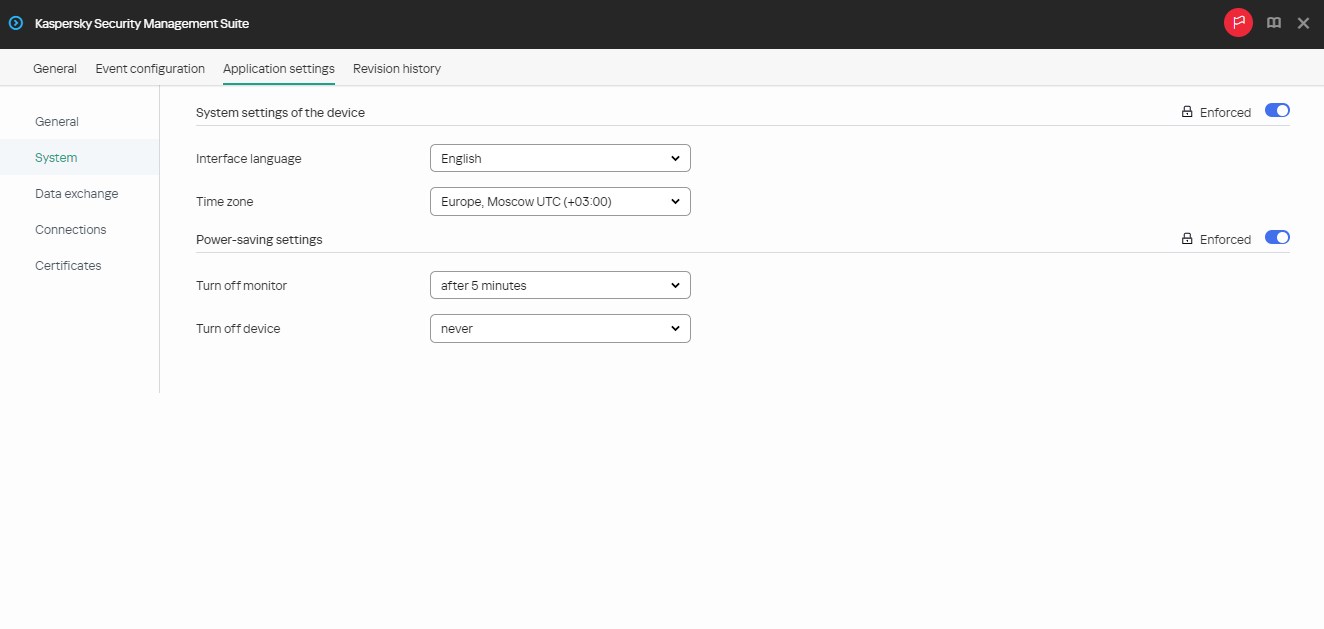 Screenshot of configuring system settings for a group of devices.
