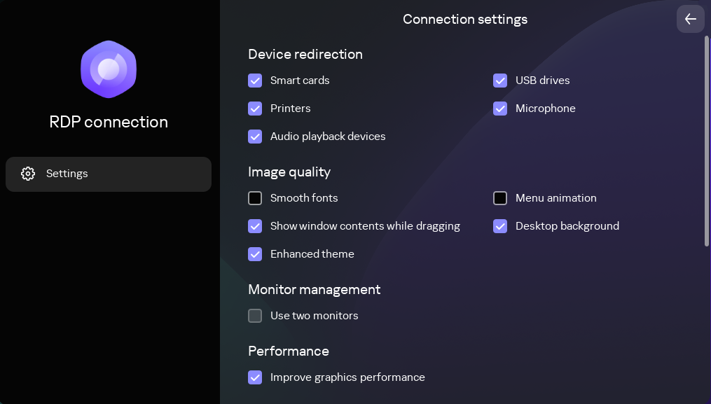 Window for configuring settings for connecting to a remote desktop via RDP.