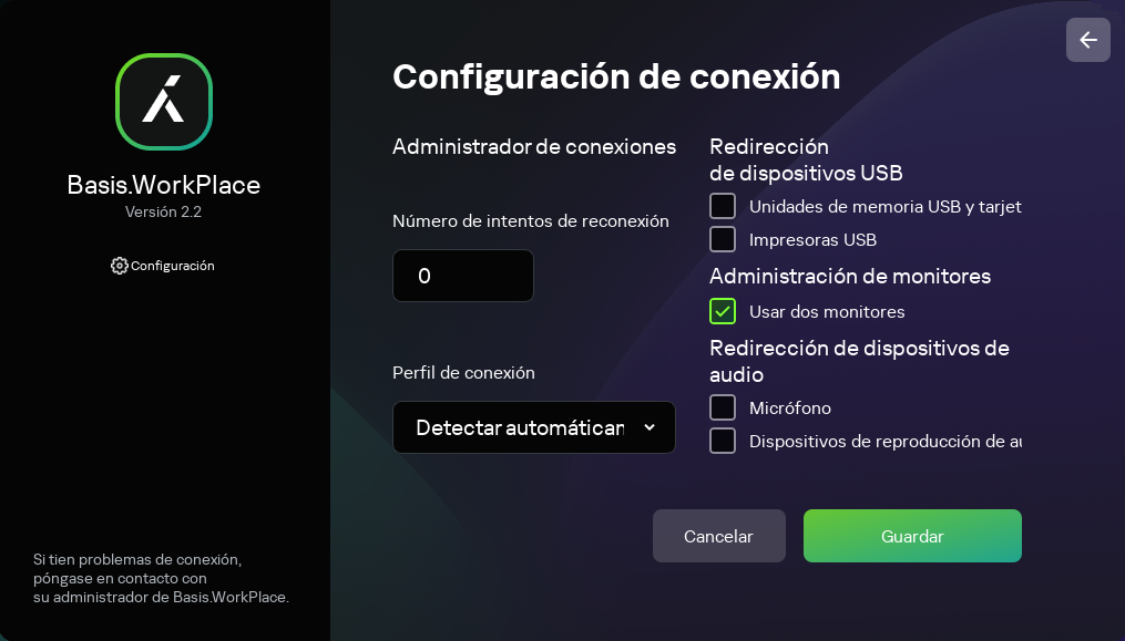 Ventana para configurar una conexión a un entorno remoto Basis.WorkPlace.
