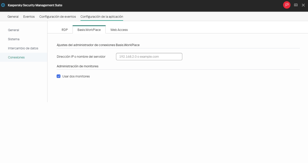 Captura de pantalla de los ajustes para conectarse a un escritorio remoto administrado por Basis.WorkPlace para un dispositivo.