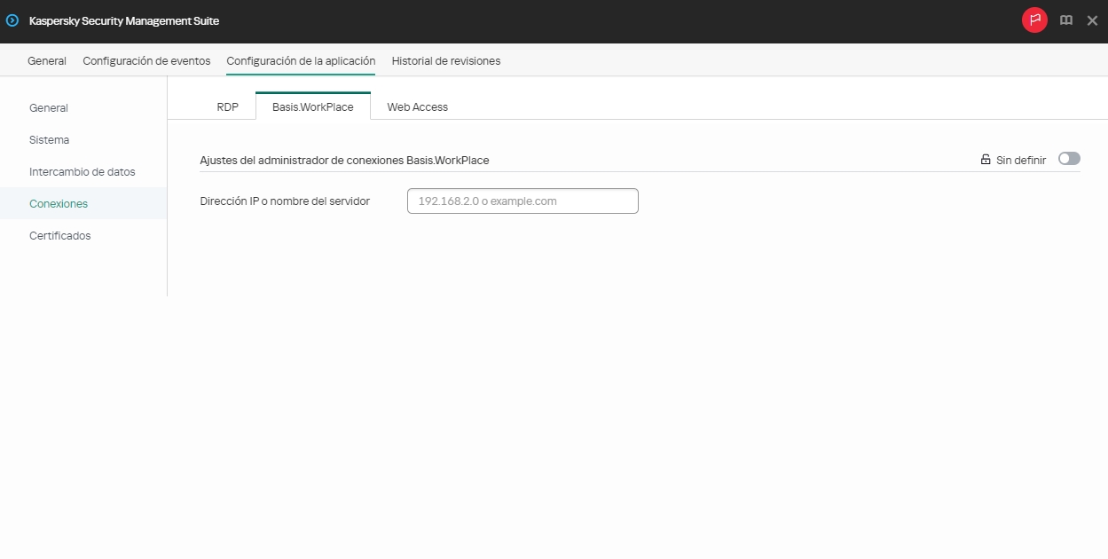Captura de pantalla de los ajustes para conectarse a un escritorio remoto administrado por Basis.WorkPlace para un grupo de dispositivos.