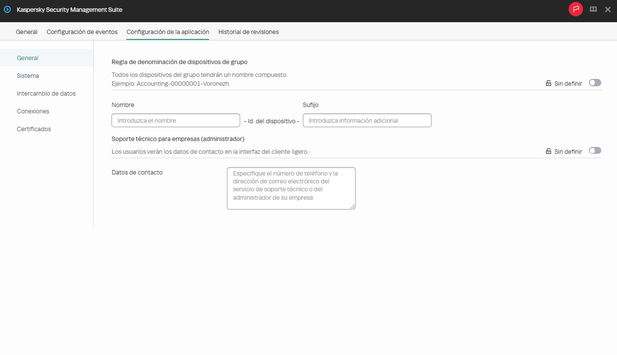 Ventana para configurar los ajustes principales de un grupo de dispositivos a través de Web Console.