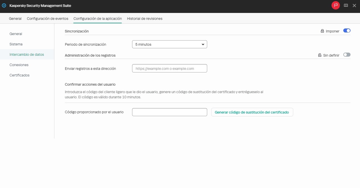 Captura de la ventana para configurar la sincronización entre Kaspersky Thin Client y Kaspersky Security Center