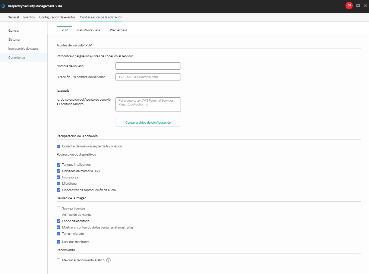 Ventana para configurar mediante Web Console los ajustes que se usarán en un dispositivo para conectarse a un escritorio remoto por RDP.