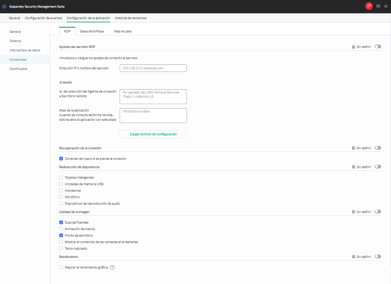 Ventana para configurar mediante Web Console los ajustes que se usarán en un grupo de dispositivos para conectarse a un escritorio remoto por RDP