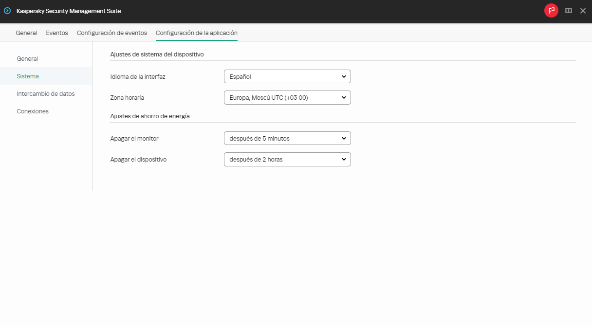 Captura de pantalla de los ajustes del sistema para un dispositivo.