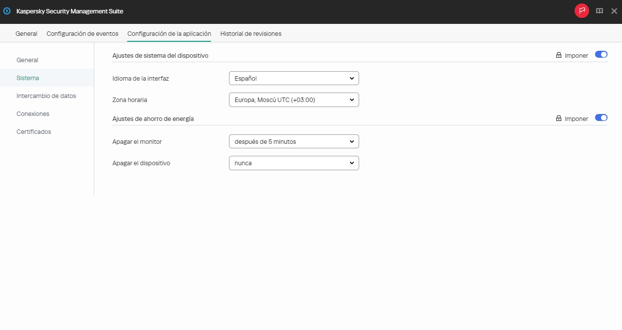 Captura de pantalla de los ajustes del sistema para un grupo de dispositivos.