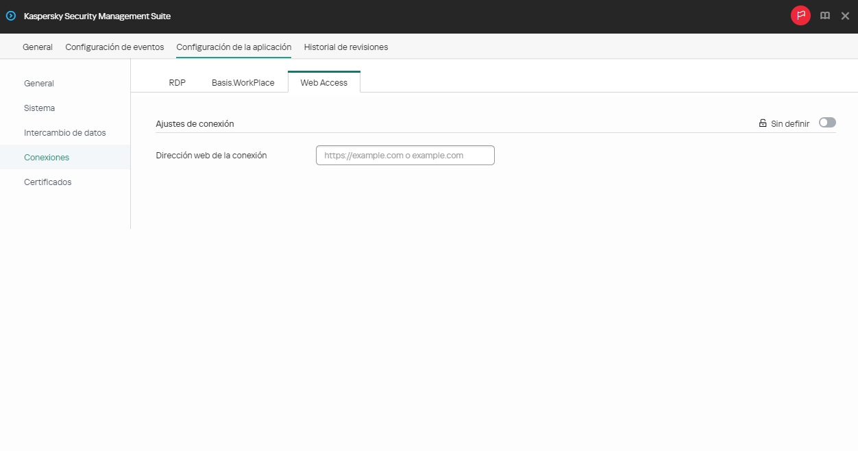 Captura de la ventana de configuración para conectarse a un entorno remoto en Web Access a través de Web Console.