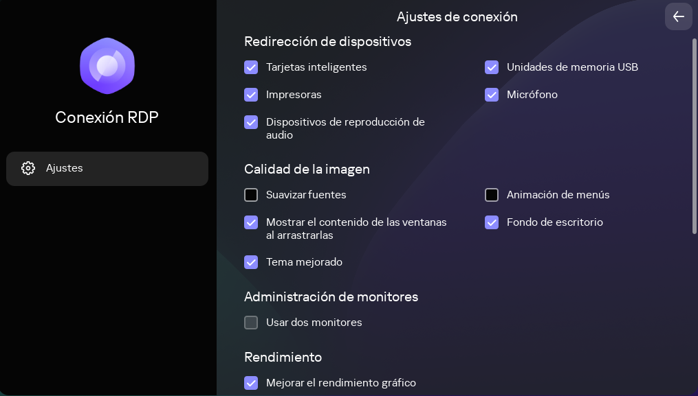 Ventana para configurar los ajustes aplicados al conectarse a un escritorio remoto a través de RDP.