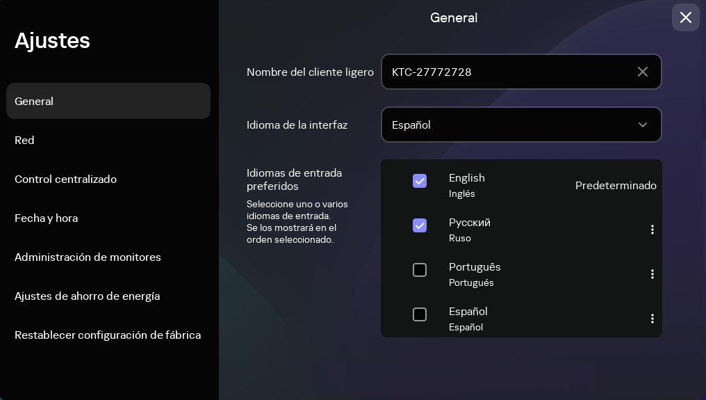Captura de pantalla de la sección General de la ventana Ajustes.