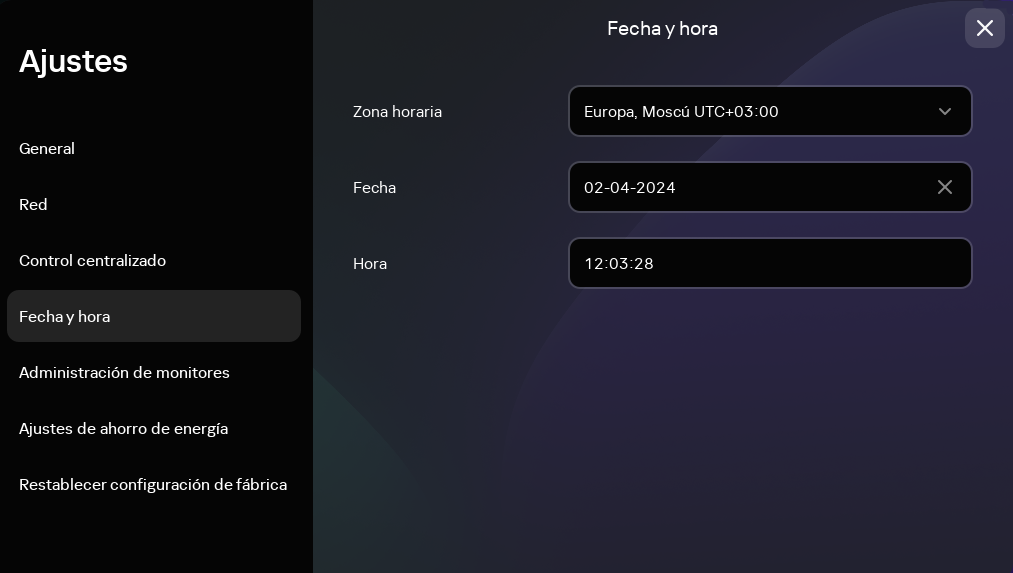 Captura de pantalla de la sección "Fecha y hora".