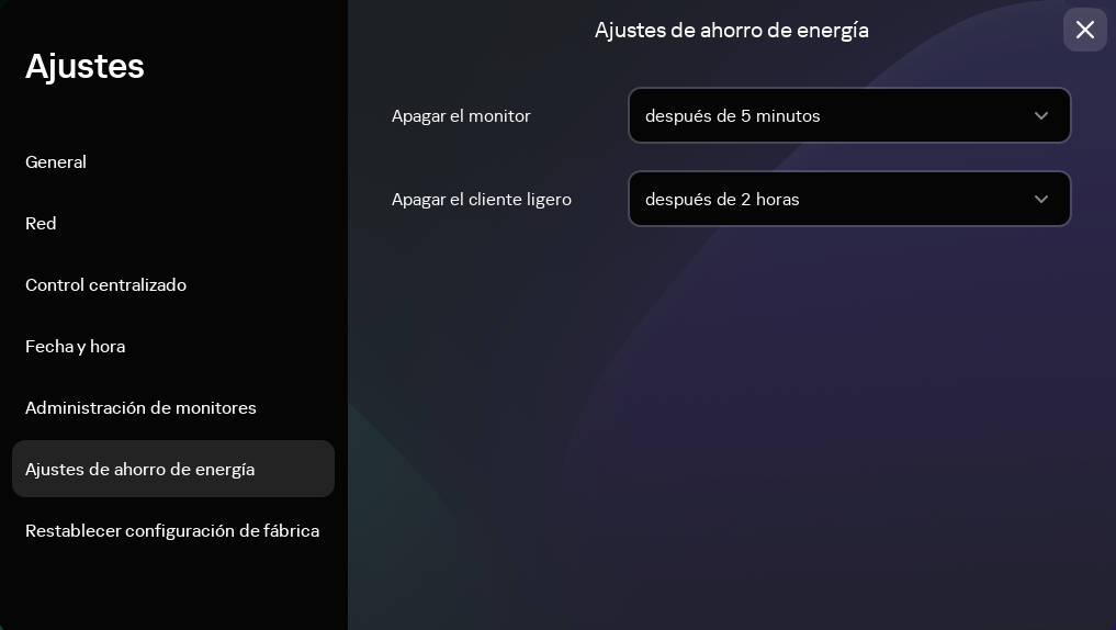 Captura de pantalla de la sección "Ajustes de ahorro de energía".