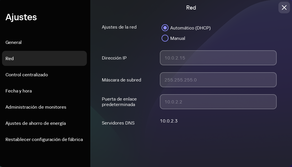Captura de pantalla de la sección "Red".