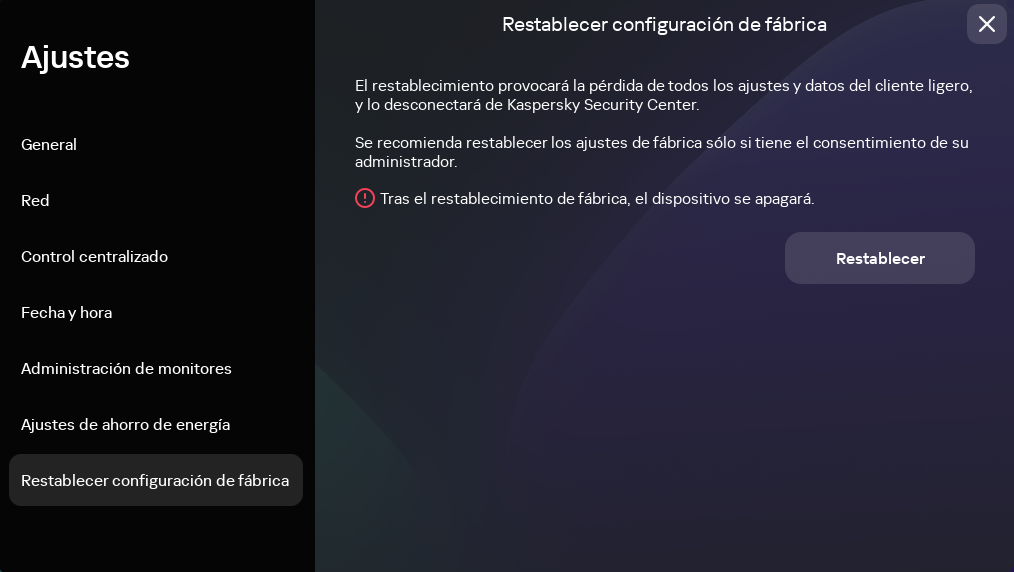 Captura de pantalla de la sección "Restablecer configuración de fábrica".