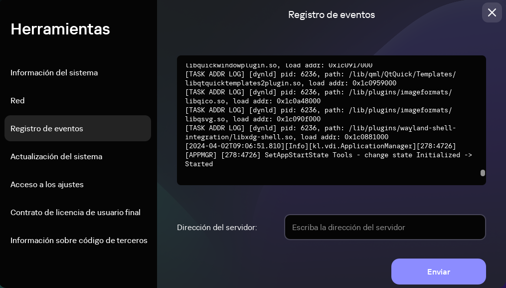 Captura de pantalla de la sección "Registro de eventos".