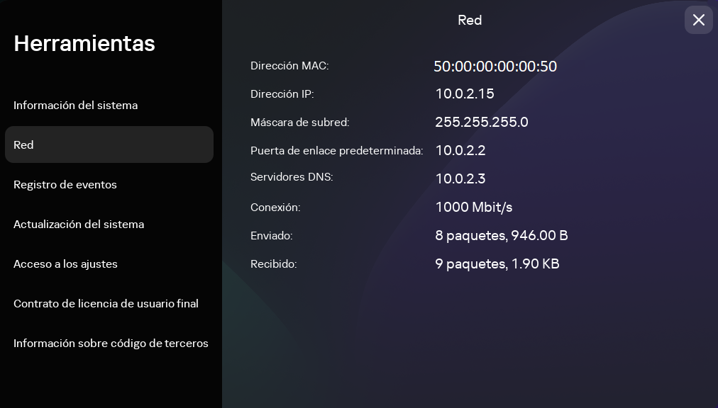 Captura de pantalla de la sección "Red".